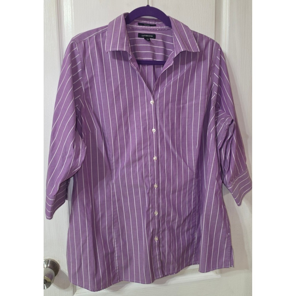Lands' End purple and white striped button-down shirt crisp cotton no iron 22W
